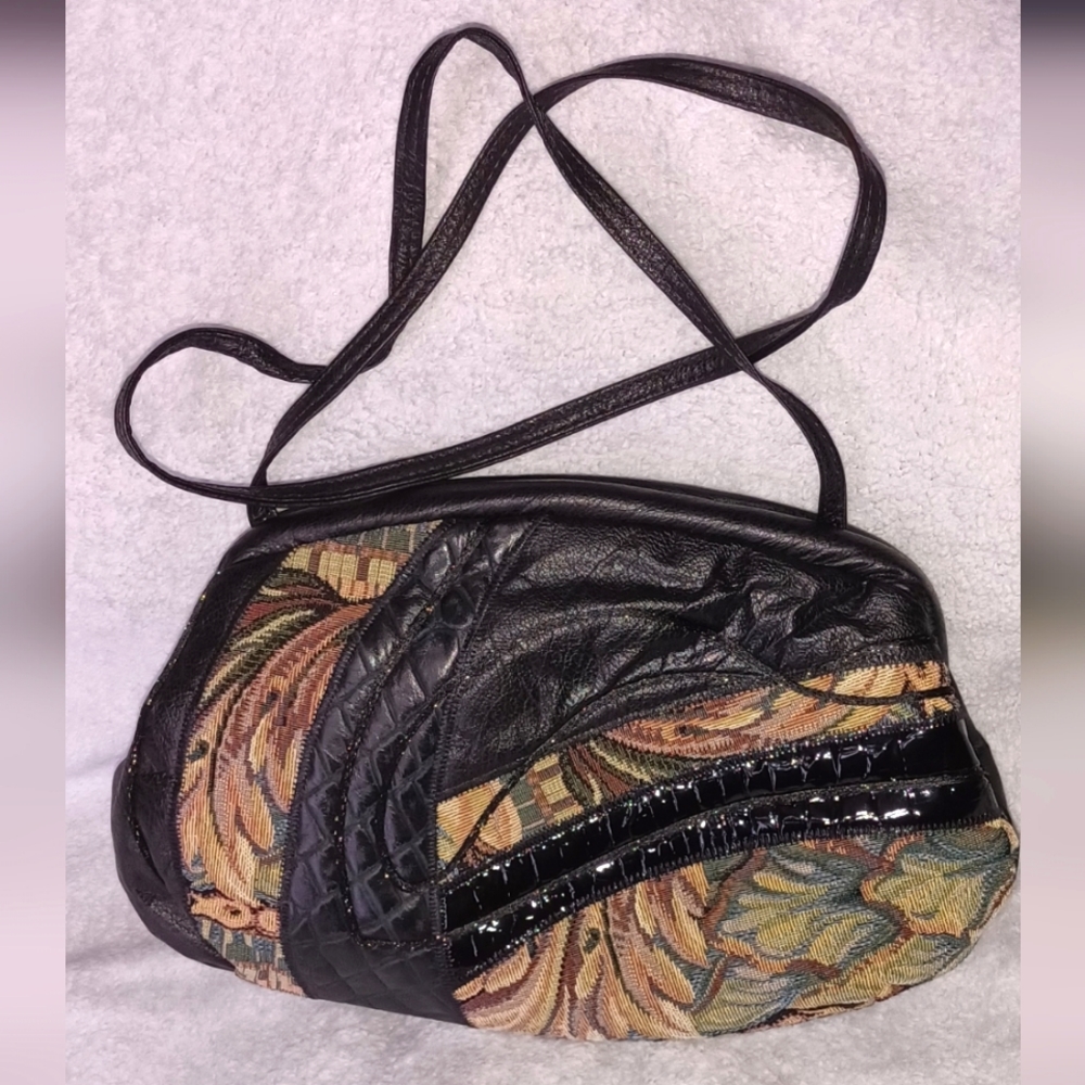 Saks Fifth Avenue Vintage patchwork & tapestry crossbody handbag.